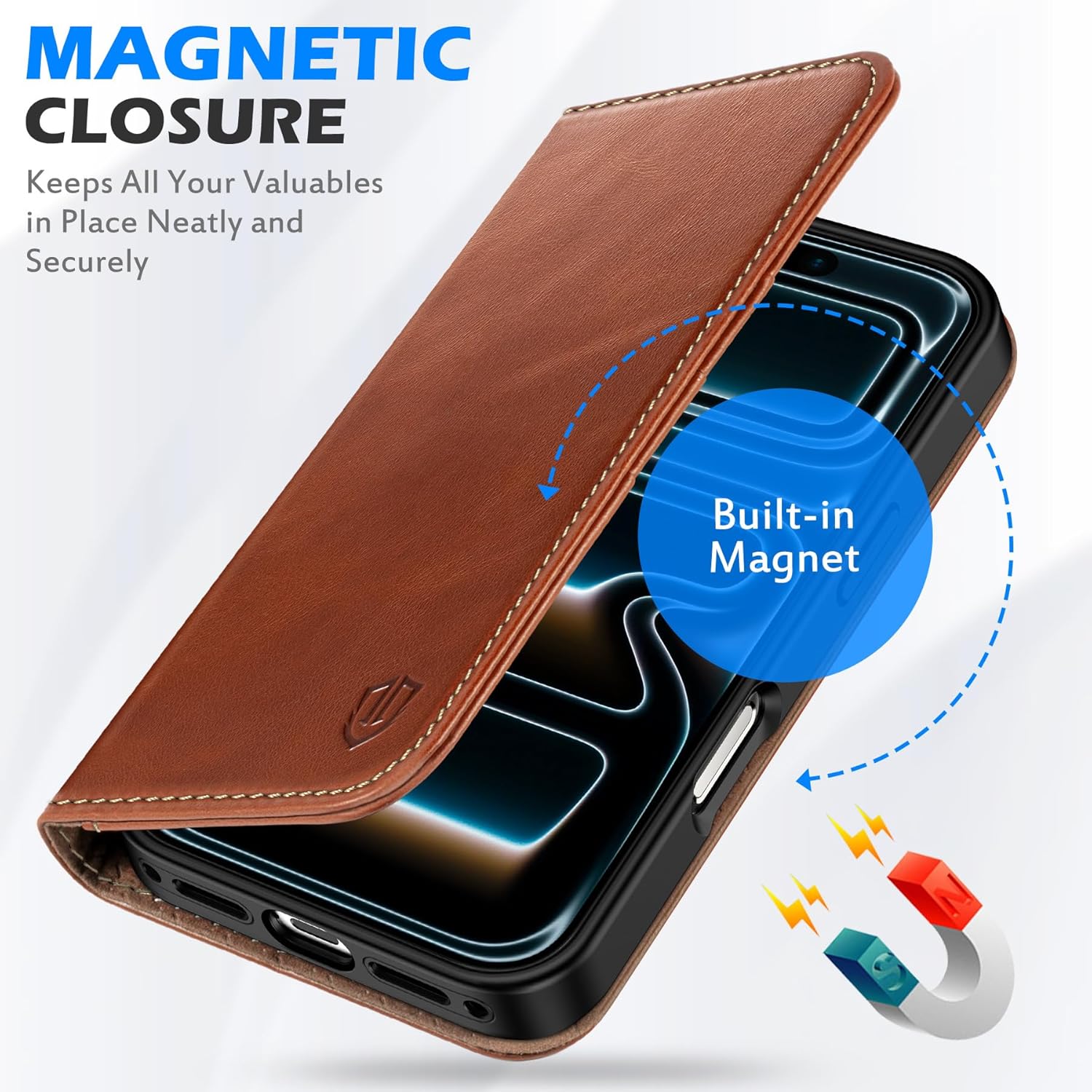 SHIELDON Genuine Leather Wallet Case for iPhone 17 Pro Max 6.9-inch 2025 | Flip | Magnetic Cover | RFID Blocking Credit Card Holder | Kickstand | Shock-Absorbent Case | Retro Brown